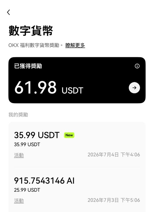 A screenshot from the OKX app showing a digital currency rewards page with a total earned reward of 61.98 USDT, including recent earnings of 35.99 USDT and 915.7543146 AI (25.99 USDT) from July 2026.
