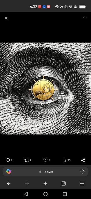A mobile browser screenshot of a black and white eye illustration with a gold 'PIECE OF EIGHT' coin placed on the iris, viewed on x.com.