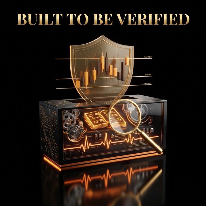 A promotional graphic reading 'BUILT TO BE VERIFIED' displaying a golden shield with a candlestick chart above a glowing mechanical box with a magnifying glass.