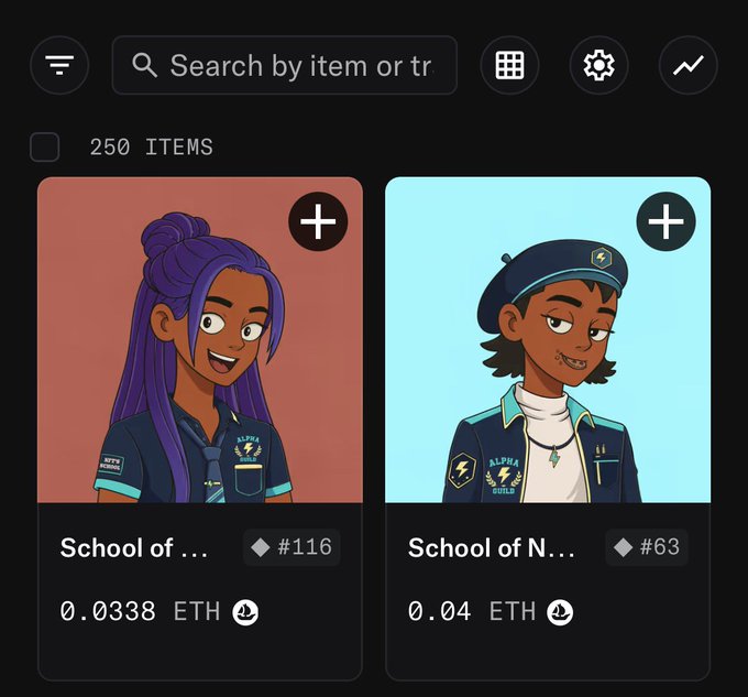 A mobile app interface displays a marketplace of 250 NFT items, showing two character illustrations priced at '0.0338 ETH' and '0.04 ETH' from a 'School of...' collection.