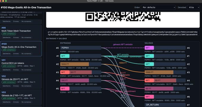 A cryptocurrency transaction test interface showing a QR code, wallet addresses, and a flow diagram of NFT and FT transfers labeled in Spanish, with entries like '#100 Mega-Entry All-in-One Transaction'.