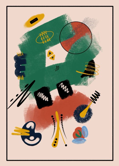 An abstract art print on a pink background featuring colorful geometric shapes, brushstrokes, and doodles in green, red, yellow, blue, and black.