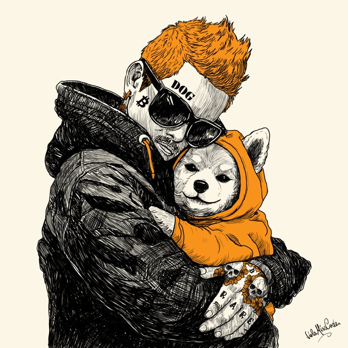 An illustrated portrait of a red-haired person wearing sunglasses and a black jacket hugging a dog dressed in an orange hoodie, with tattoos reading "DOG", "B", and "PAPA".
