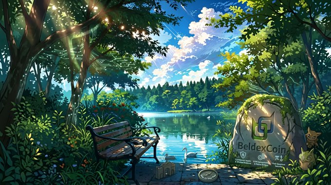 A digital illustration of a serene lake scene featuring a bench, swan, and a large stone engraved with the 'BeldexCoin' logo, a shield, and cryptocurrency symbols.