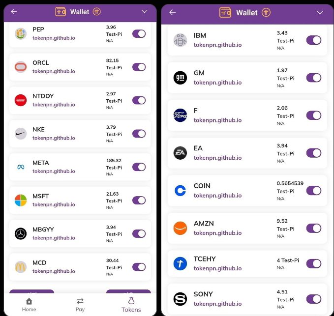 Two screenshots of a Pi Wallet interface displaying a list of brand-named test tokens on the Pi Testnet, including PEP, ORCL, NTDOY, NKE, META, MSFT, MBGYY, MCD, IBM, GM, F (Ford), EA, COIN, AMZN, TCEHY, and SONY, with toggle switches enabled for each—illustrating the post's claim about over 30 new test tokens (including Amazon, Microsoft, and Sony) appearing on the Pi Network's Test-Pi environment.