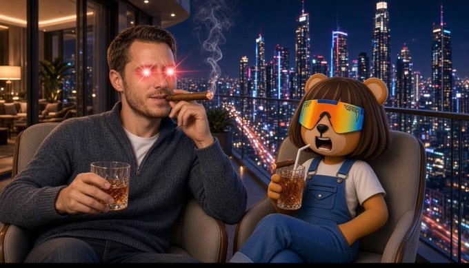 A man with glowing red eyes smokes a cigar while holding a glass, sitting next to a teddy bear wearing rainbow ski goggles and holding a drink, overlooking a city skyline at night.