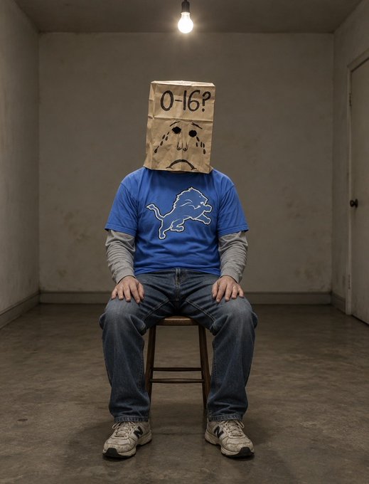 A person sitting on a stool in a dimly lit room wearing a Detroit Lions t-shirt with a brown paper bag over their head that has '0-16?' and a sad face drawn on it.