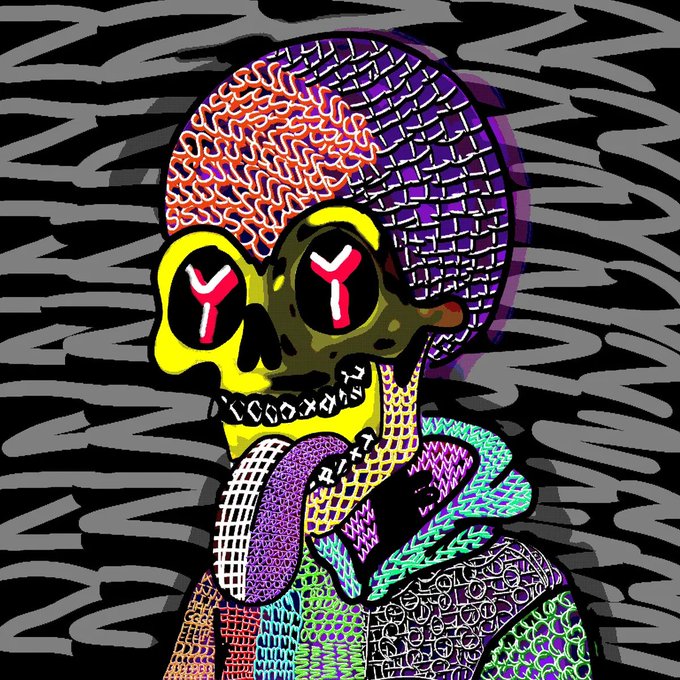A brightly colored, patterned digital illustration of a skull-headed figure with a protruding tongue set against a black and gray zebra-striped background.