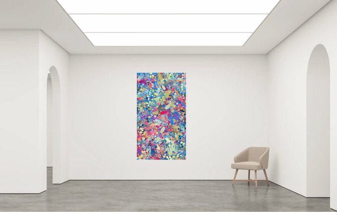 A modern art gallery space with white walls and arched doorways, featuring a large colorful abstract painting on the wall and a beige armchair on the polished concrete floor.