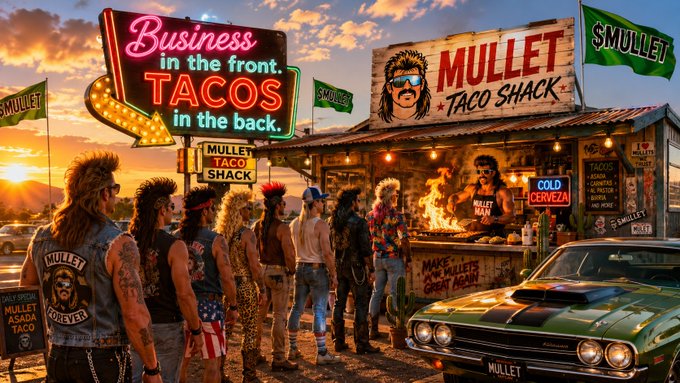 An illustrated scene of 'Mullet Taco Shack' with neon signs reading 'Business in the front. TACOS in the back.' and 'MULLET TACO SHACK', showing people with mullets gathered around a vintage car at sunset.