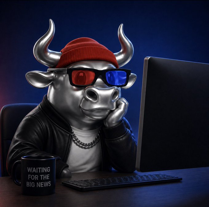 A 3D-rendered bull wearing a red beanie and 3D glasses sits at a computer with a black mug reading "WAITING FOR THE BIG NEWS," visually tying into the post's message about staying alert with notifications on.