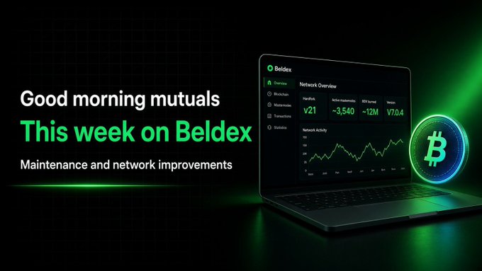 A promotional graphic reads "Good morning mutuals, This week on Beldex, Maintenance and network improvements" alongside an image of a laptop showing a crypto dashboard and a Bitcoin logo.