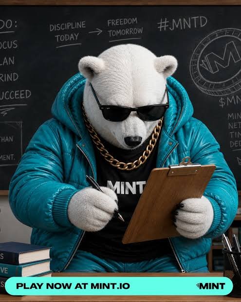A 3D-rendered anthropomorphic bear wearing sunglasses, a gold chain, and a teal puffer jacket writes on a clipboard, with a 'PLAY NOW AT MINT.IO' banner and the MINT logo.
