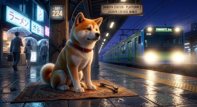 A loyal Shiba Inu wearing a red collar sits patiently on an ornate rug at Shibuya Station Platform 3, with a Yamanote Line train approaching and signs reading "ラーメン," "渋谷," and "DAY 224" visible in the atmospheric scene. The image captures the dog continuing to wait faithfully at the station, complementing the journal entry's poetic depiction of a quiet afternoon where commuters move through the rain-tinged platform while the faithful companion keeps its daily vigil.
