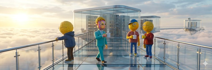Cartoon Simpsons-style characters standing on a glass observation deck high above a sea of clouds.