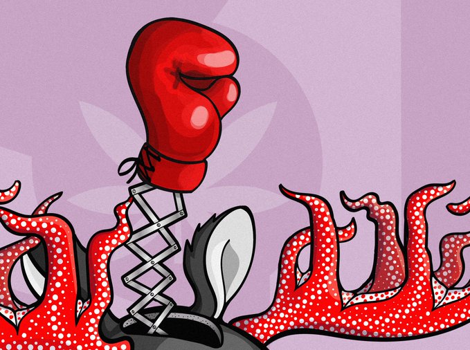 An illustration of a red boxing glove raised on a metallic spring mechanism, surrounded by red tentacles with white spots, set against a pink background.