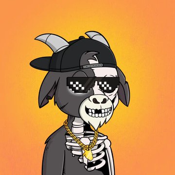 Cartoon illustration of a goat wearing pixelated 'deal with it' sunglasses, a backwards cap, and gold chain against an orange background.