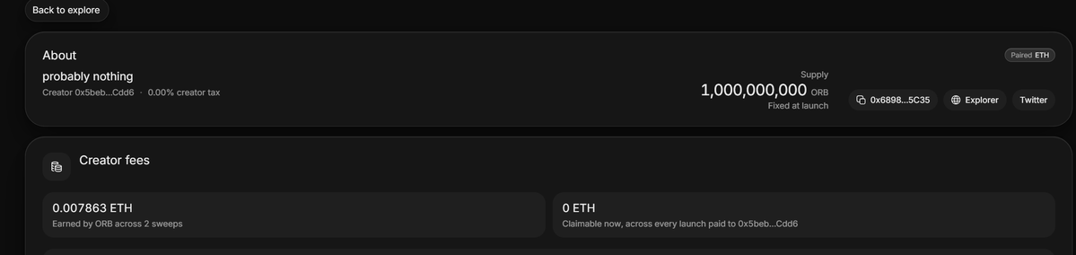 The image shows an "About" page for a token called "probably nothing" with a supply of 1,000,000,000 ORB, created by wallet 0x5beb...Cdd6 with a 0.00% creator tax, showing 0.007863 ETH earned across 2 sweeps and 0 ETH currently claimable. This illustrates the token launch mechanism described in the post, where users can create tokens on the Pons launchpad platform and earn creator fees from trading activity.