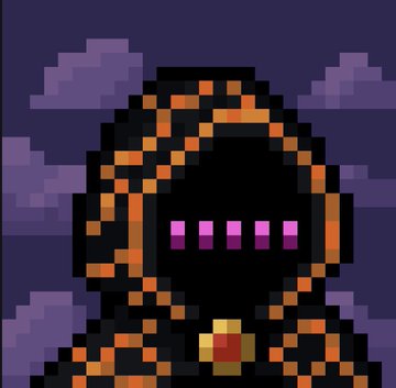A pixel art character wearing a hood with a dark, obscured face featuring glowing pink horizontal lines, set against a night sky with pixelated clouds.