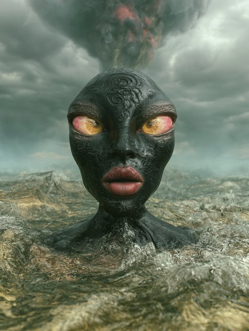 A surreal digital artwork depicting a dark-skinned face with glowing yellow-red eyes emerging from churning water, set against a stormy sky with a dark celestial body overhead.