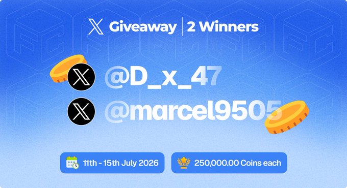 A blue giveaway announcement graphic with coin graphics and X logos announces two winners—@D_x_47 and @marcel9505—each receiving 250,000.00 Coins during the 11th–15th July 2026 promotion, matching the post congratulating both winners.