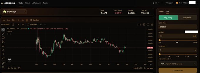 A screenshot of the Canbessa cryptocurrency trading platform displaying the CCARBCX trading pair at a price of 0.1176, showing a 24-hour change of -2.65% with a 24-hour low of 0.12236 and high of 0.11515.