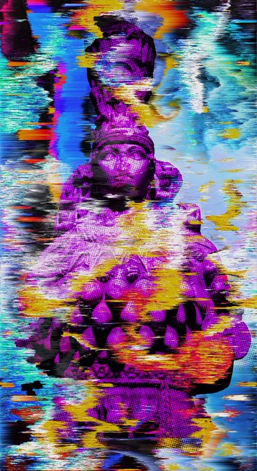 An abstract digital artwork featuring distorted, glitch-effect visuals in purple, yellow, and blue tones.