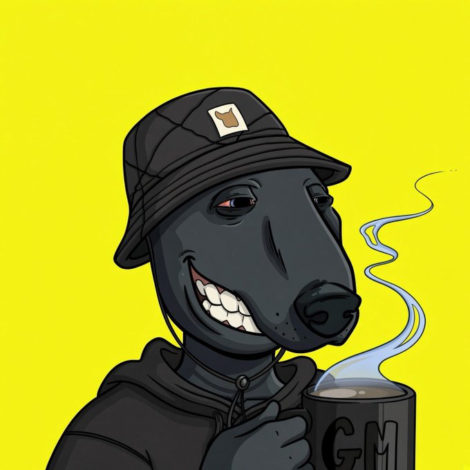A cartoon black dog wearing a black bucket hat smiles while holding a steaming black mug with "GM" printed on it, set against a bright yellow background. The "GM" mug ties directly into the post's "GM Everyone" greeting, making it a perfect visual match for a cheerful "Good Morning" message to start the week.