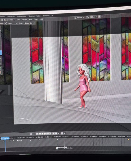 A screen showing a 3D animation software interface (Blender) with a cartoon woman in a pink dress and white heels standing in front of stained glass windows, with a timeline at the bottom.