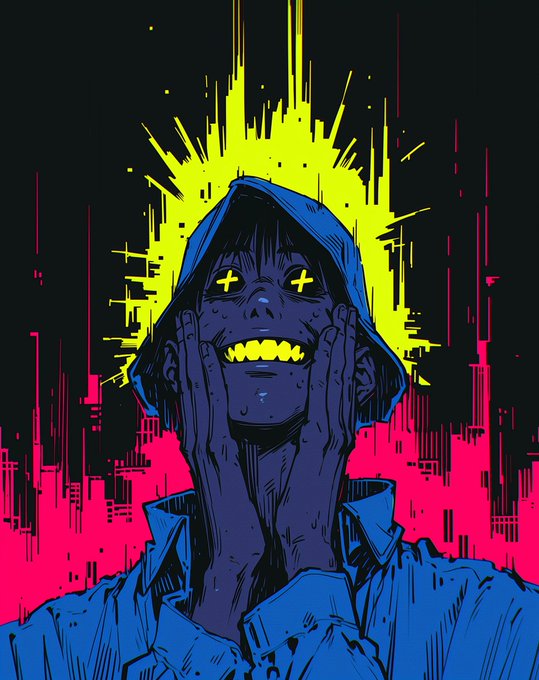 A cyberpunk-style illustration of a hooded figure with glowing yellow cross-shaped eyes and a golden toothy grin, set against a neon yellow and pink glitchy background.