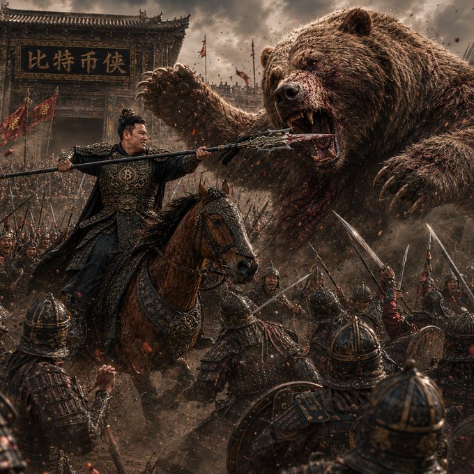 A warrior on horseback wields a spear against a massive snarling bear amid a chaotic battlefield of armored soldiers, with a Chinese-style gate in the background displaying the text "比特币侠" (Bitcoin Hero). The image visually embodies the post's metaphor of Bitcoin as an unstoppable force confronting bearish market forces with unbreakable resolve.