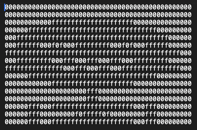 A text-based ASCII art image using only the characters '0' and 'f' on a black background to depict a pixelated figure or portrait.