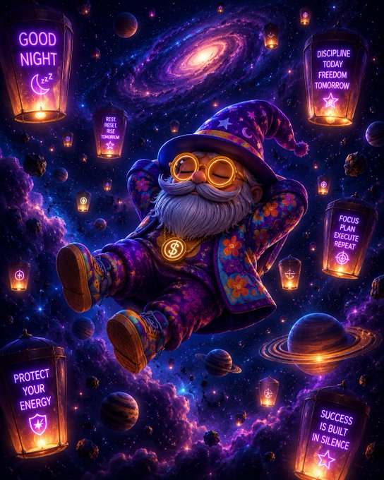 A vibrant digital illustration shows a wizard with glasses and a white beard floating in a purple cosmic space surrounded by lanterns displaying motivational phrases like 'GOOD NIGHT', 'DISCIPLINE TODAY FREEDOM TOMORROW', 'FOCUS PLAN EXECUTE REPEAT', 'PROTECT YOUR ENERGY', and 'SUCCESS IS BUILT IN SILENCE'.