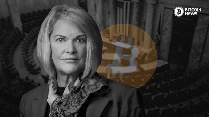 Senator Cynthia Lummis appears in a black-and-white portrait overlaid with a Bitcoin logo and the "BITCOIN NEWS" branding, illustrating her advocacy for the bipartisan Clarity Act on digital asset regulation. The image ties directly to her push for regulatory clarity in the crypto space ahead of the Tuesday vote.