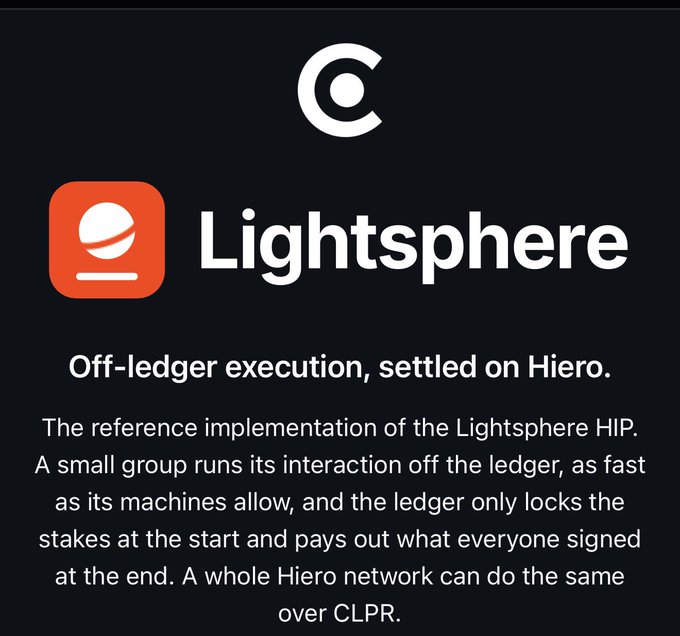 A promotional graphic for 'Lightsphere' featuring a copyright symbol, with text explaining it as the reference implementation of the Lightsphere HIP (Hiero Improvement Proposal) for off-ledger execution settled on Hiero.