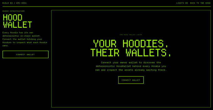 A retro-style green-on-black terminal interface titled 'HOODI WALLET' with 'CONNECT WALLET' buttons and the heading 'YOUR HOODIES, THEIR WALLETS.'