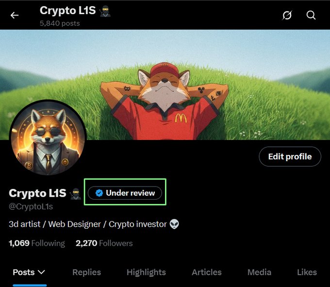 Twitter/X profile for 'Crypto L1S' (@CryptoL1s) showing 2,270 followers, marked 'Under review', featuring a Shiba Inu mascot in McDonald's attire.