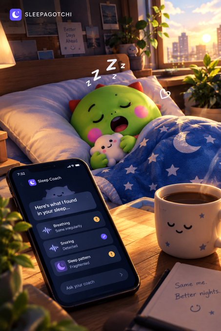 A green Sleepagotchi character sleeps peacefully in bed while a phone displays a "Sleep Coach" app showing breathing irregularities, snoring detection, and fragmented sleep pattern, with a note reading "Same me. Better nights."