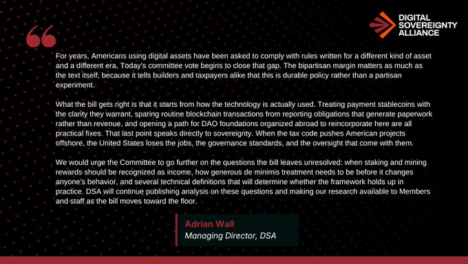 Quote graphic from the Digital Sovereignty Alliance featuring commentary on digital asset legislation by Adrian Wall, Managing Director of DSA.