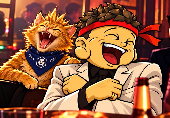 An anime-style illustration shows a laughing boy in a white jacket and red headband sitting next to a roaring orange cat wearing a 'CRO' bandana.