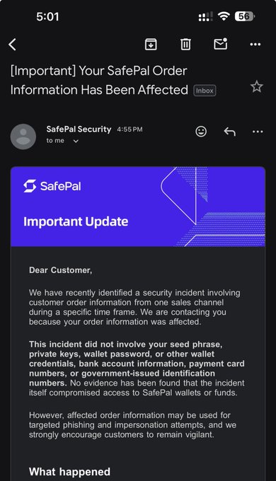 The image shows an email from SafePal Security notifying a customer of a security incident where their order information from one sales channel was exposed, though seed phrases, private keys, and wallet credentials were not affected. This relates to the post's concern about data breaches and the user's search for an alternative hardware wallet, given the visible breach notification from a wallet provider.