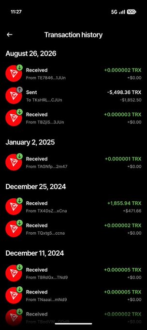 A cryptocurrency transaction history screen from a mobile wallet showing TRX (Tron) transactions across several dates including August 26, 2026, January 2, 2025, December 25, 2024, and December 11, 2024.