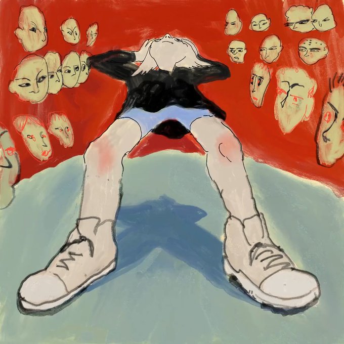 A painted illustration shows a figure in a dark jacket, white underwear, and white sneakers sprawled on a teal mound, surrounded by floating pale faces against a vivid red background.