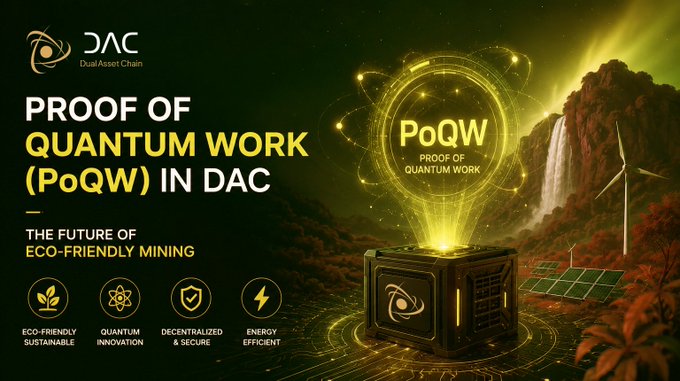 The image features a poster for Proof of Quantum Work (PoQW) in DAC. The poster has a green background with yellow text, and there are two black boxes placed on top of each other, one containing a green plant and the other featuring a waterfall. The poster also includes a description of PoQW in DCA, which is an eco-friendly mining process that uses quantum computers to mine cryptocurrencies like Bitcoin.