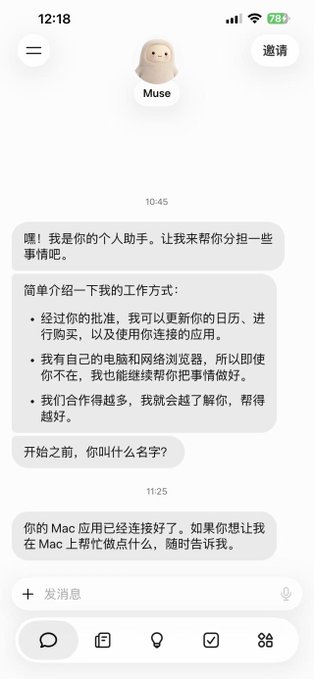 A Chinese-language chat interface with an AI assistant named 'Muse' introducing itself as a personal assistant, offering to help with calendar, purchases, and apps, then asking for the user's name.