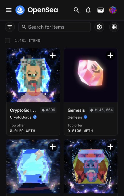 A screenshot of the OpenSea NFT marketplace showing 1,481 items, with top offers for 'CryptoGoros...' #896 at 0.0129 WETH and 'Gemesis' #145,664 at 0.0106 WETH.