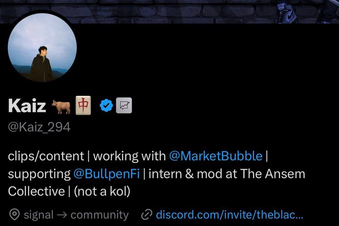 Kaiz (@Kaiz_294) announces on his Twitter/X profile that he's officially clipping content for @MarketBubble and supporting @BullpenFi, with a link to a Discord community. The profile picture shows a person standing outdoors, and the bio aligns with the post celebrating his new role as a Market Bubble clipper in the crypto space.