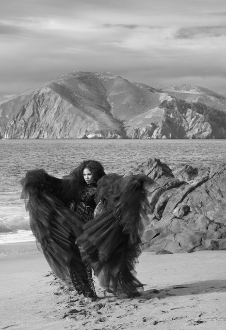 A woman in flowing black tulle poses dramatically on a rocky beach with mountains in the background, embodying the ethereal, moody aesthetic often shared on EtherSaturday—a weekly tradition where artists showcase blockchain-based creative works like this striking monochromatic photograph.