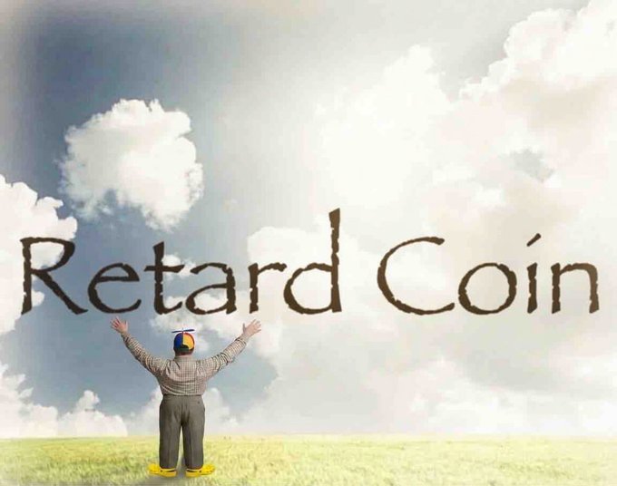 A surreal internet meme image showing a figure in a field with raised arms, with the text "Retard Coin" written in the sky above.