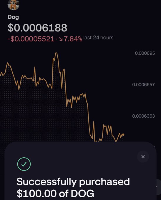 The image displays a stock graph with a downward trend, indicating poor performance or a downturn. At the bottom of the image, there's an "x" symbol that represents a purchase made by someone for $100.00 worth of Dog cryptocurrency, suggesting that they managed to sell their holdings during this difficult period and make some profits as a result.